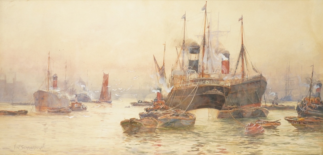 Frederick William Scarborough (1860-1939), Thames view with tug boats and ships, signed, watercolour, 24 x 50cm